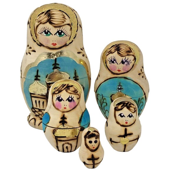 Russian Nesting Doll 5 Pc Matryoshka Pyrography Folk Art Gold Onion Dome Church - Picture 1 of 16